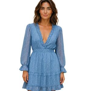 Casual Summer Dress Ruffle V Neck Backless Swing Dresses Long Sleeve Womens Sz M